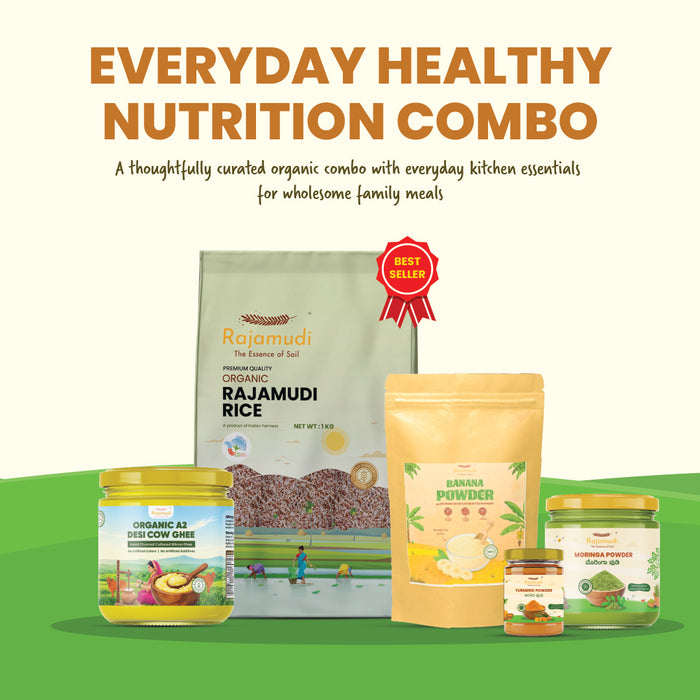 Rajamudi Organic Wellness Combo – Moringa, Banana & Turmeric Powder, A2 Gir Cow Ghee, Rajamudi Rice (Pack of 5) - Rajamudi