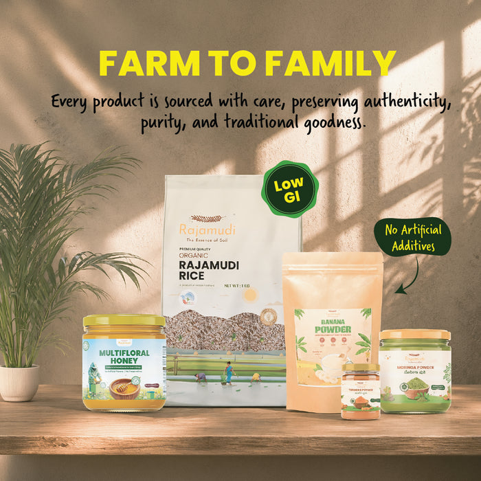 Rajamudi Organic Wellness Combo – Moringa, Banana & Turmeric Powder, A2 Gir Cow Ghee, Rajamudi Rice (Pack of 5) - Rajamudi