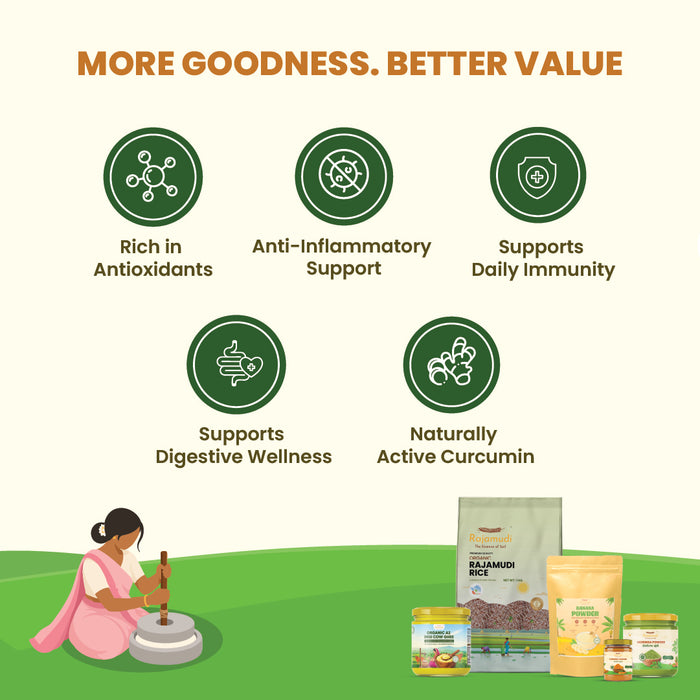 Rajamudi Organic Wellness Combo – Moringa, Banana & Turmeric Powder, A2 Gir Cow Ghee, Rajamudi Rice (Pack of 5) - Rajamudi