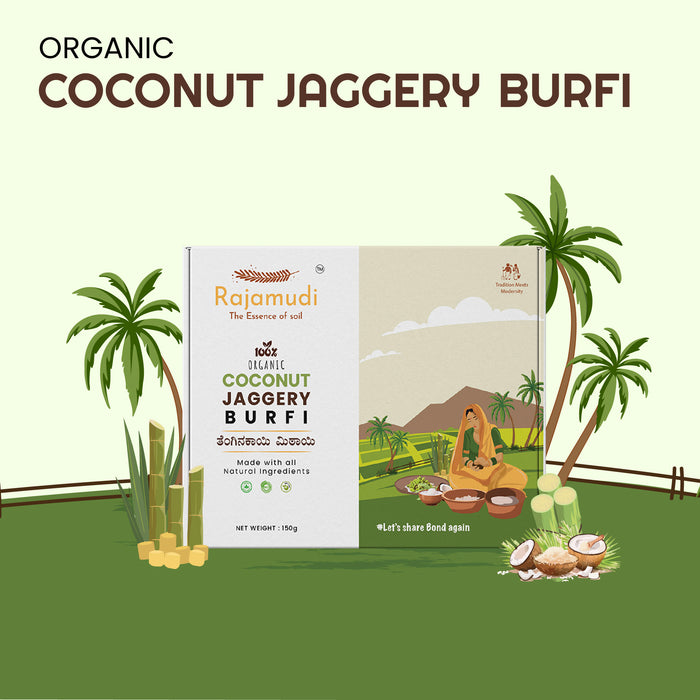 Rajamudi Jaggery Coconut Burfi | Traditional South Indian Mithai (Sugar-free) 150 gm | No preservatives|  Made with Natural Jaggery & fresh Coconut | Healthy & Homemade Treat from ancient kitchen| Gluten-Free & Guilt-free